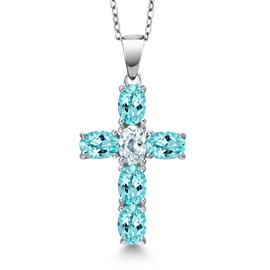 Gem Stone King 925 Sterling Silver Blue Apatite and Sky Blue Aquamarine Cross Pendant Necklace for Women | 3.12 Cttw | Gemstone Birthstone | Oval 6X4MM | With 18 Inch Chain
