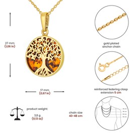 AMBEDORA Women's Small Necklace Celtic Tree of Life Mod.05 with Amber, Sterling Silver Gold-Plated, Baltic Amber in Cognac Colour, Gold-Plated Pendant on Chain, Sterling Silver, Amber