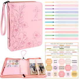 Bible Cover Case for Women Pink Leather Floral Bible Bag Large Bible Carrying Case Study Supplies with Highlighters Tabs for Mothers Day Christian Gifts