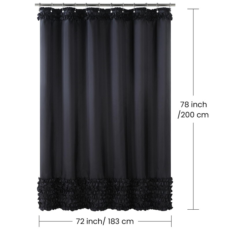 BESTRIPES Ruffle Shower Curtain, Black Long Fabric Shower Curtain with