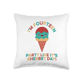 Funny Fourteenth BDay Ice Cream Lover Gelato Scoop Party Like It's Sherbet Day Funny 14 Year Old Birthday 14th Throw Pillow, 16x16, Multicolor