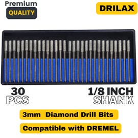 Drilax 30-Pc 3mm (1/8") Diamond Drill Bit Set | Dremel Compatible Wet Rotary Tool Bits for Jewelry Making, Sea Glass, Shells, Gemstones, Glass, Stone | Incl. Storage Case