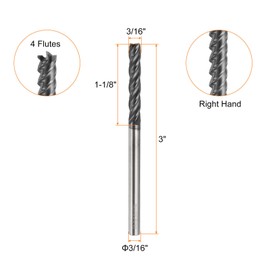 sourcing map Carbide Square Nose End Mill Bit 3/16" Cut Dia 4 Flutes TiAlN Coated Milling Cutter for Hardened Steel Metal (3/16" Shank 1-1/8" Cut Length 3" Long 30 Degree Helix)