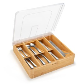 QINOL Bamboo Silverware Tray with Lid, 7 Compartments Compact Bamboo Utensil Organizer for Kitchen Drawers Countertop, Dust-proof Sturdy Flatware Organizers and Storage Holder with Labels