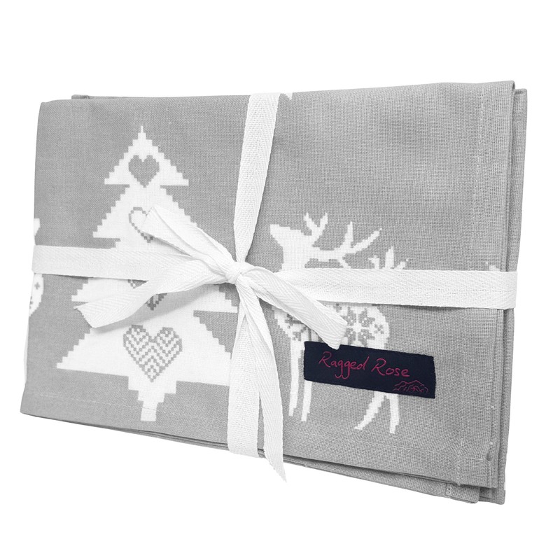 Ragged Rose Christmas Tea Towels, Cotton, Silver Grey, 70 x