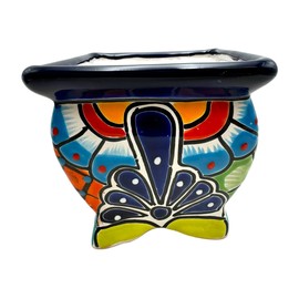 Talavera Japanese Square Planter Pot Mexican Pottery Folk Art Hand Painted Indoor Outdoor Multicolor Home Decor Hand Painted Folk Art 5.5" (Cobalt Multi)