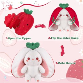 seOSTO Strawberry Bunny Teddy 7inch/18cm Reversible Cuddly Rabbit Fruit Doll with Zipper, Birthday Gifts for Babies Boys Girls