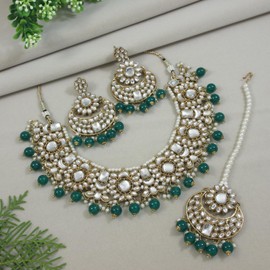 I Jewels Gold Plated Indian Wedding Bollywood Floral Kundan Pearl Choker Necklace Jewelry Earrings & Maang tikka Set For Women (K7271) (Green)