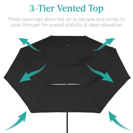 Best Choice Products 10ft 3-Tier Solar Patio Umbrella, Outdoor Market Sun Shade for Backyard, Deck, Poolside w/ 24 LED Lights, Tilt Adjustment, Easy Crank, 8 Ribs - Black