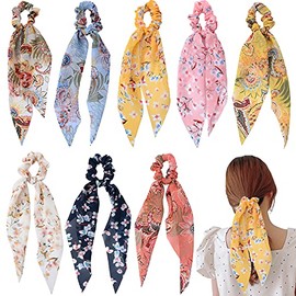 8 Pcs Elastic Hair Band, Ribbon Bow Scrunchies Ponytail Holder Floral Flower Polka Dot Scrunchy Ties For Women Girls