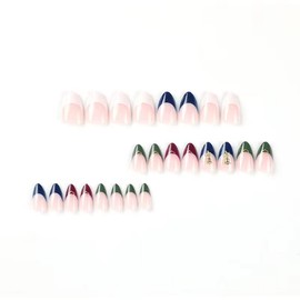 Nail Apparel Cute Medium Length Round Almond Glossy Press on Nails with Designs 3D Rhinestone Cartoon Cute Kawaii Fake Nails 24Pcs for Woman (Color French Golden Rose)