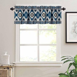 JanJCurt Blue Tribal Valance, Navajo Native American Navy Blue White Aztec Ethnic Geometric Print Blackout Short Window Curtain Drape for Kitchen Bedroom Cafe Bathroom, 54x18inch