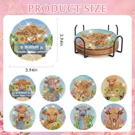 Highland Cow Diamond Painting Coasters - 8 PCS Diamond Art Kits DIY with Flower Non Slip Shining Drinks Coasters Farmhouse Art Craft Supplies Table Decor Birthday Gift for Cowgirl Cow Lovers Beginners