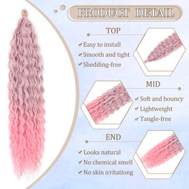 FANLUTYIN 22 Inch Curly Crochet Braiding Hair 3 Packs Ocean Wave Crochet Hair Extensions Deep Wave Synthetic Braiding Hair Curls Hair Twist Water Wave Braided Hair (TGPink12#, 22 Inch 3 Packs)