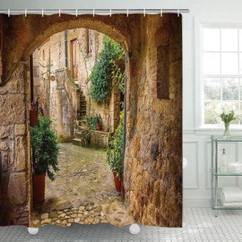 Abaysto Shower Curtain Landscape from Another Door Antique Stone Village Tuscany Italian Valley Scenery Decor Waterproof Fabric Bathroom Bathtub Shower Curtains with 12 Hooks 72x72 Inch