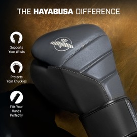 Hayabusa T3 Boxing Gloves for Men and Women Wrist and Knuckle Protection, Dual-X Hook and Loop Closure, Splinted Wrist Support, 5 Layer Foam Knuckle Padding - Charcoal/Black, 12 oz