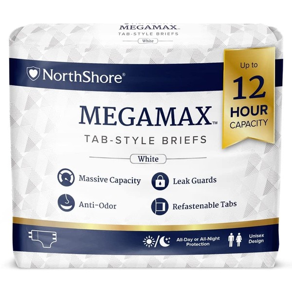 NorthShore MegaMax Tab-Style Briefs for Men and Women, White, X-Large, Pack/10