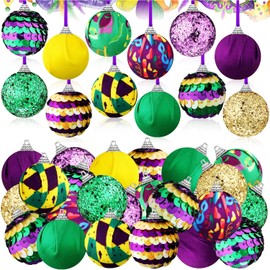 Shappy 24 Pcs Mardi Gras Ball Ornaments Purple Green Yellow Carnival Tree Ornament Decorative Hanging Ornaments Shatterproof Sequin Tree Balls for Party Holiday Masquerade (Elegant Style)
