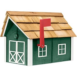 Amish-Made Deluxe Post Mount Wooden Mailbox with Cedar Shingles (Forest Green with White Trim)