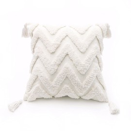 PLWORLD Boho White Throw Pillow Cover 20x20 Inch with Tassels, Striped Tufted Decorative Cream Chenille Fabric Accent Textured Cushion Case for Bed Couch, 1 PC Cover Only No Insert