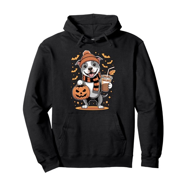 Ghost Pitbull Dog Pumpkin Drinks Beanie Fall Halloween Pullover Hoodie