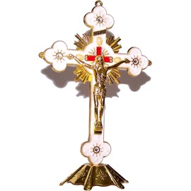Holy Land Market Altar Table Crucifix - Church or Home Decor - Enamel Ornamented (12 Inch, Golden/White and Red)