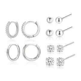 ALEXCRAFT 925 Sterling Silver Earrings for Women, 6 Pairs Small Silver Earrings Set Shiny Zirconia Ball Studs Earrings, 925 Sterling Silver Cartilage Small Studs Huggie Hoop Earrings for Women