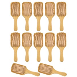 Bamboo Hair Brush Set, 12 Pack, Bulk Natural Paddle Brushes with Ball-Tipped Bristles DIY No Logo