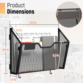 Docnest 3 Pack Magnetic Wall Mounted File Holders,Mesh Letter Organizer with Hooks, Magnetic Hanging Mail Paper Document Organizer for Office, Home, School, Black