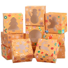 24 Pcs Christmas Bakery Cookie Boxes Brown Kraft Paper Christmas Treat Boxes with Clear Window Small Xmas Candy Box Gift Giving for Christmas Cupcakes, Cookies, Brownies, Donuts, Homemade Desserts