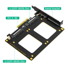 Dual U.2 SSD to PCIe 4.0 X8 Adapter, Support 2 x U.2 SSD or Soft Raid, Without PCI-e Splitter Function (PCIe Bifurcation Motherboard is Required)