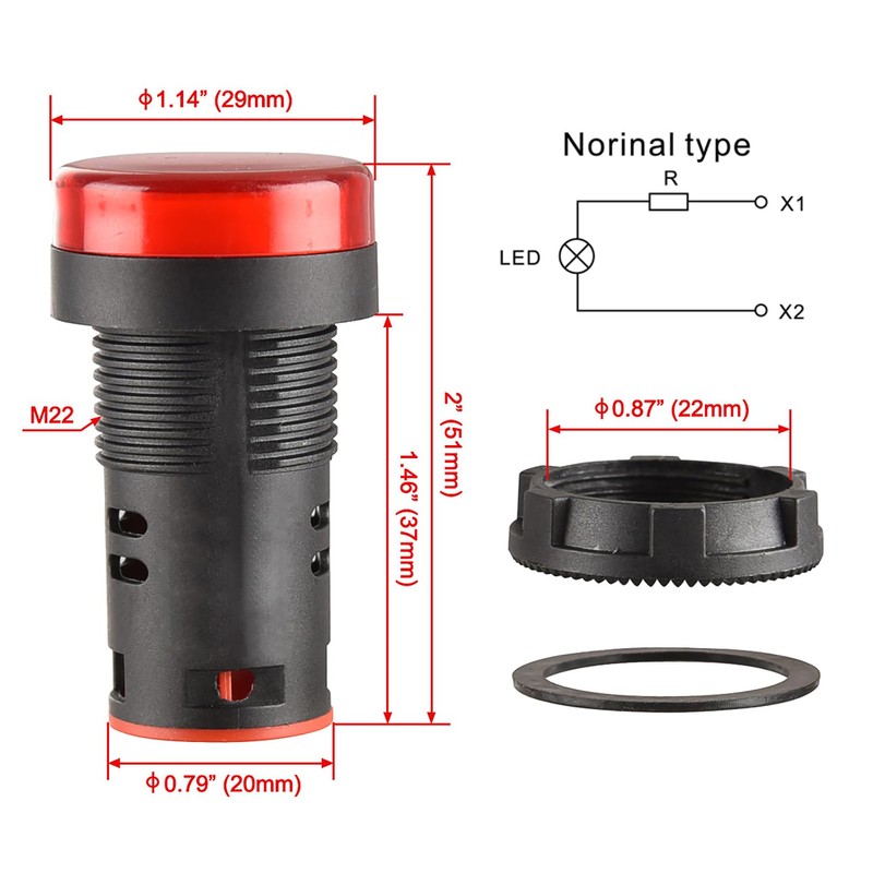 Heschen 22mm LED Indicator Pilot Light, AD16-22D/S, 220VAC 20mA, Red