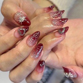 3D Spider Heart Press On Nails, Almond Shape with Glossy Black Base and Silver Gothic Accents, Y2K Goth Girl Style, 24PCS Handmade Fake Nails in 12 Sizes, Non-Toxic ABS, Easy Quick Application