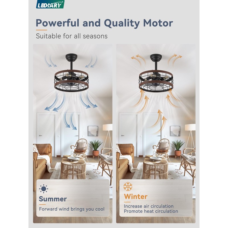 LEDIARY 16.5in Caged Ceiling Fan with Light, Bladeless Industrial Ceiling