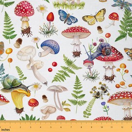 Feelyou Cute Mushroom Upholstery Fabric for Chairs 3 Yard Kawaii Fungus Fabric by The Yard Kids Butterfly Bee Print Waterproof Outdoor Fabric for Chairs Wild Mushroom Stuff Reupholstery Fabric Decor