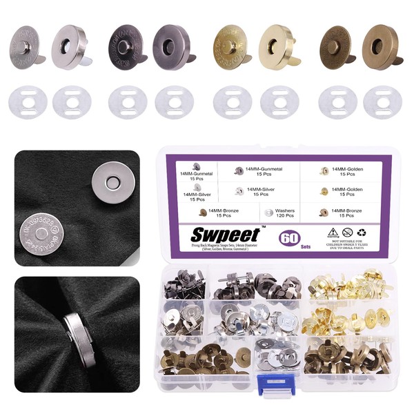 Swpeet Lot de 80 fermoirs magnétiques en métal de 14/18 mm pour couture, sacs à main, vêtements, cuir, argent, bronze, noir