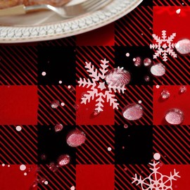 SUMLAND Checkered Christmas Tablecloth Black Red Plaid Table Cloth, Stain Resistance Polyester Winter Xmas Holiday Table Covers for Kitchen Dining,Small Tablecloth for Parties Picnic Round 60 Inch