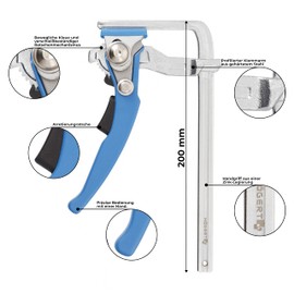 Högert Technik - Hebelzwinge 200 mm I Befestigungskraft bis 2050 N I Aus Gehärtetem Stahl I Arretierungratsche I Schnelle Regulierung der Druckkraft I HT3B942