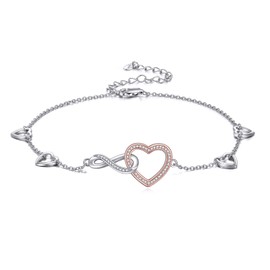 YAFEINI Infinity Heart Anklet for Women 925 Silver Beach Anklet Bracelet Adjustable Delicate CZ Always Together Charm Bracelet Jewellery for Women Ladies Mum Daughter, Sterling Silver, Cubic Zirconia