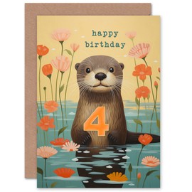 Artery8 Kids Birthday Age 4 Cute Otter Lake Flowers For Child Daughter Girl Blank Inside Greeting Card
