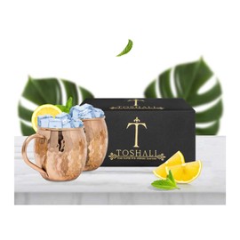 Toshali Moscow Mule Copper Mugs | Set of 2 Hammered Cocktail Mugs | No Shot Glass Included | Pure Copper Plated Stainless Steel Lined Moscow Mule | Cocktail Drinking Mugs Set of 2 | Gift Set