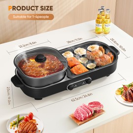 2 in 1 Hot Pot Electric with Grill, 1950W Korean BBQ Grill Indoor Large Capacity Non-Stick Electric Griddle Removable Electric Grill with Independent Dual Temperature Control and Gloves for 2-5 People