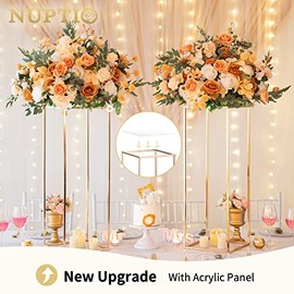 Nuptio - Jarrones dorados para centros de mesa de boda con panel acrílico, 2 piezas de 31.5 pulgadas de alto, soporte de flores de metal elegante para decoración de bodas a granel, centro de mesa