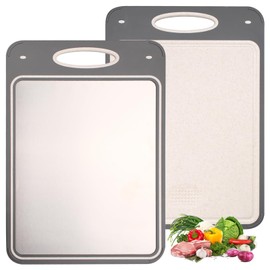 TANEMUDO 2 Pack Stainless Steel Cutting Board Kitchen Double Sided Chopping Board Large 304 Stainless Steel and Wheat Straw PP Easy to Clean (14 x 9.6 Inch,15.7 x 10.6 Inch)