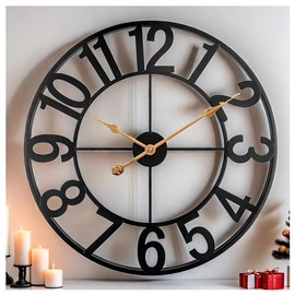 New Large Vintage Metal Outdoor Clock - Mechanical Battery Powered Timepiece with Mid-Century Nautical Theme Big Arabic Numbers and Weather-Resistant Finish for Patio and Home Decor - Color: ArabicT-black, Size: 14 Inch