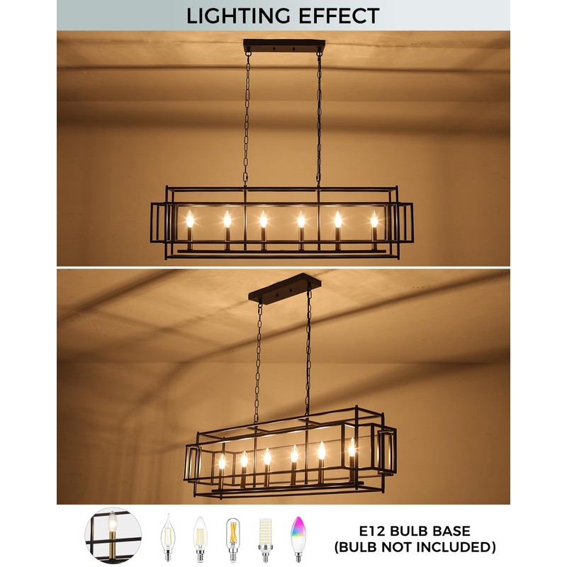 JWLUYN 6-Light Black and Gold Kitchen Island Lighting: 44 Inch