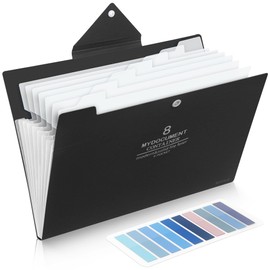 A4 Document Folder, Expanding Folder A4 with 200 Labels, 8 Compartments A4 Folder with Press Stud for Home, Office, School and Travel (Black)
