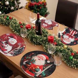 OWENIE Christmas Placemats Set of 4, Vintage Santa Claus Snowman Printed Red Table Mats, Festive Xmas Holiday Winter Table Decor for Christmas Party, Cafe Table, Kitchen, 15 Inch Round