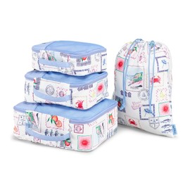 Joules Postcards Packing Cubes, 4 Piece Set, Luggage Organization, Travel Accessory