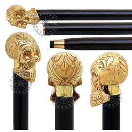 Polished Brass Skull Head Design Cane Wooden Walking Stick Vintage Gift for Men & Women, Skull Handel Walking Stick Hardwood Shaft Cane, Solid Brass Handle Walking Cane, Skull Knob Cane, Carved Cane
